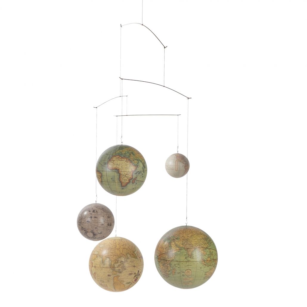 Five different globes depicting five hundred years of the ages of the world. A beautiful mobile adding movement and interest to the room.
