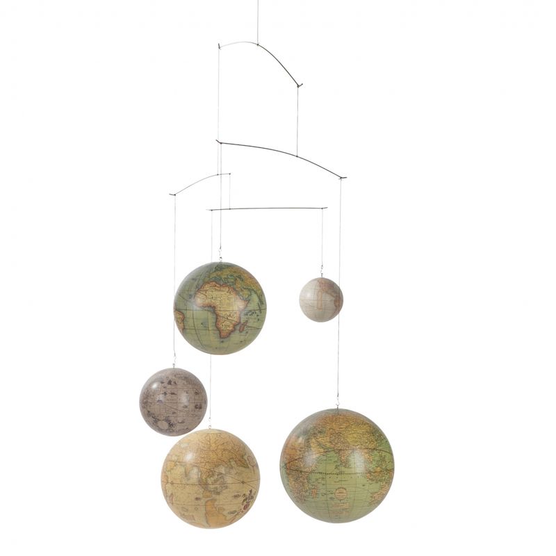 Five different globes depicting five hundred years of the ages of the world. A beautiful mobile adding movement and interest to the room.
