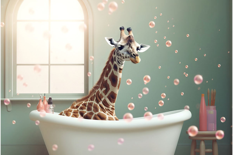 Giraffe in Freestanding bath with pink bubbles in the air