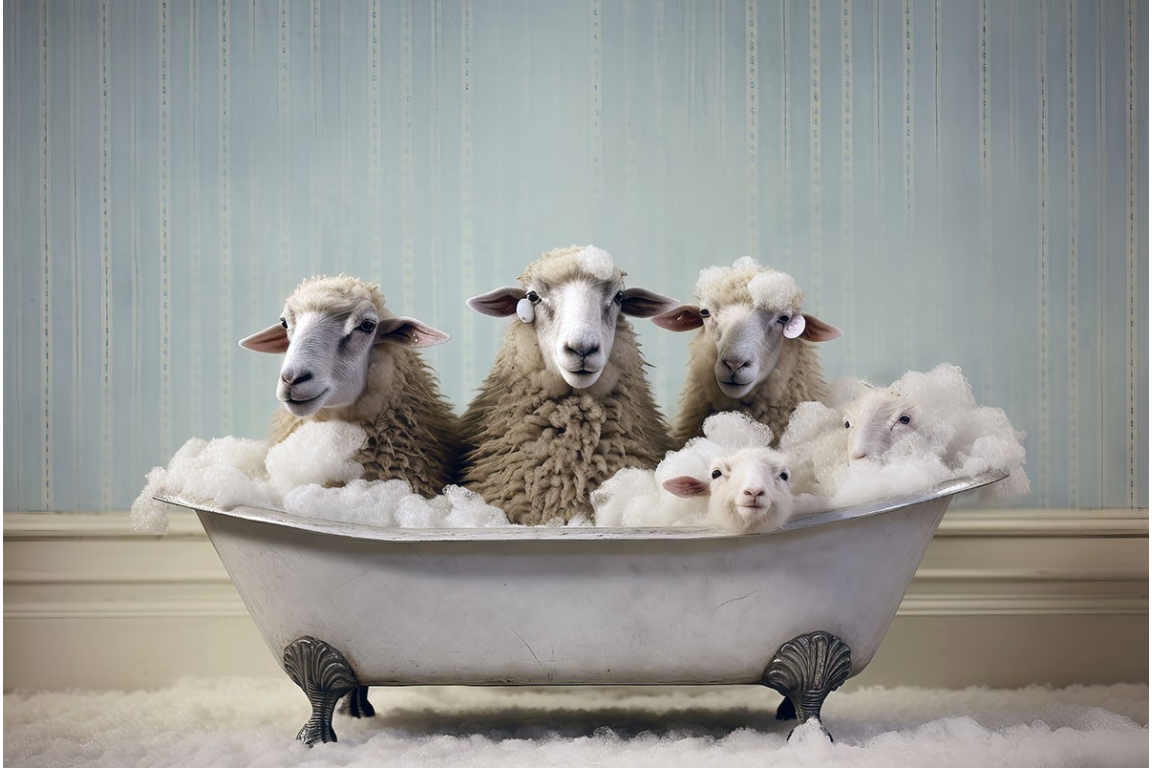 Three Sheep in a cast iron free standing bathc will of foam.  Lamb peeping up from foam!