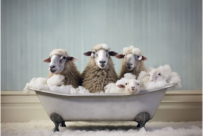 Three Sheep in a cast iron free standing bathc will of foam.  Lamb peeping up from foam!