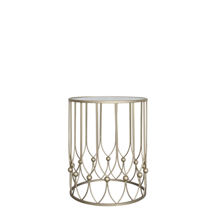 Side Table with Antique Brass Decorative loop and bauble design and glass top.  One large one small.