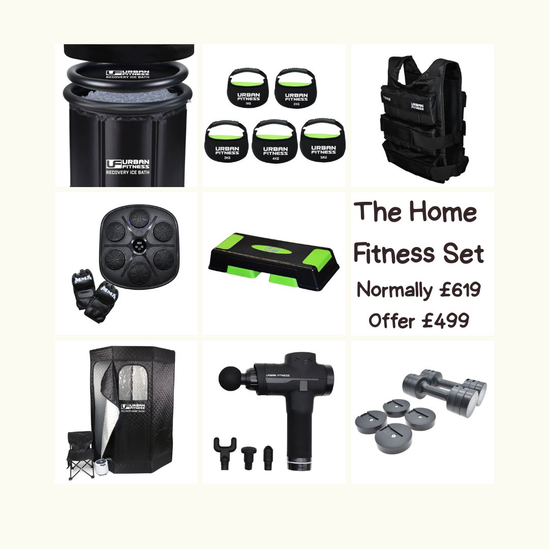 The Home Fitness Set Promotional image of an Urban Fitness home fitness bundle showing a recovery ice bath, kettlebell set, weighted vest, vibrati