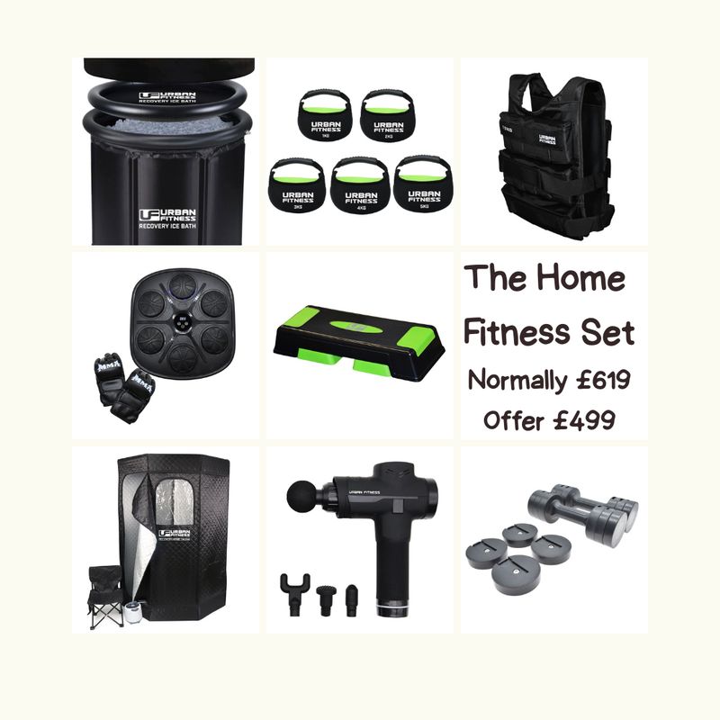 Promotional image of an Urban Fitness home fitness bundle showing a recovery ice bath, kettlebell set, weighted vest, vibrati