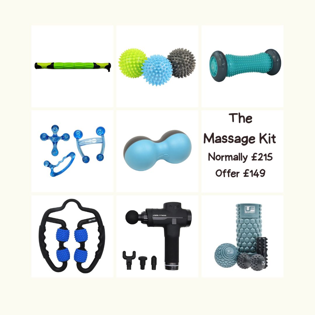 The Massage Kit Promotional image of an Urban Fitness massage kit featuring a massage gun with attachments, foam roller, muscle roller stick,