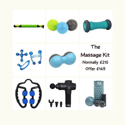 The Massage Kit Promotional image of an Urban Fitness massage kit featuring a massage gun with attachments, foam roller, muscle roller stick,