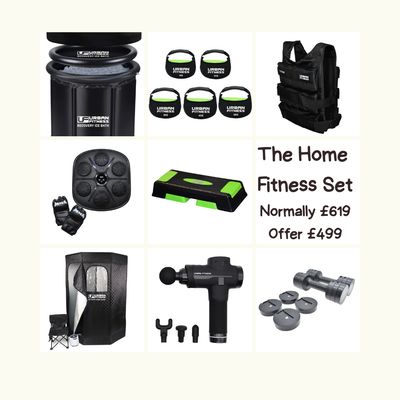 The Home Fitness Set Promotional image of an Urban Fitness home fitness bundle showing a recovery ice bath, kettlebell set, weighted vest, vibrati