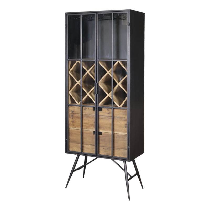 A tall industrial-style drinks cabinet with a black metal frame, glass-panelled double doors, an internal wooden diamond wine