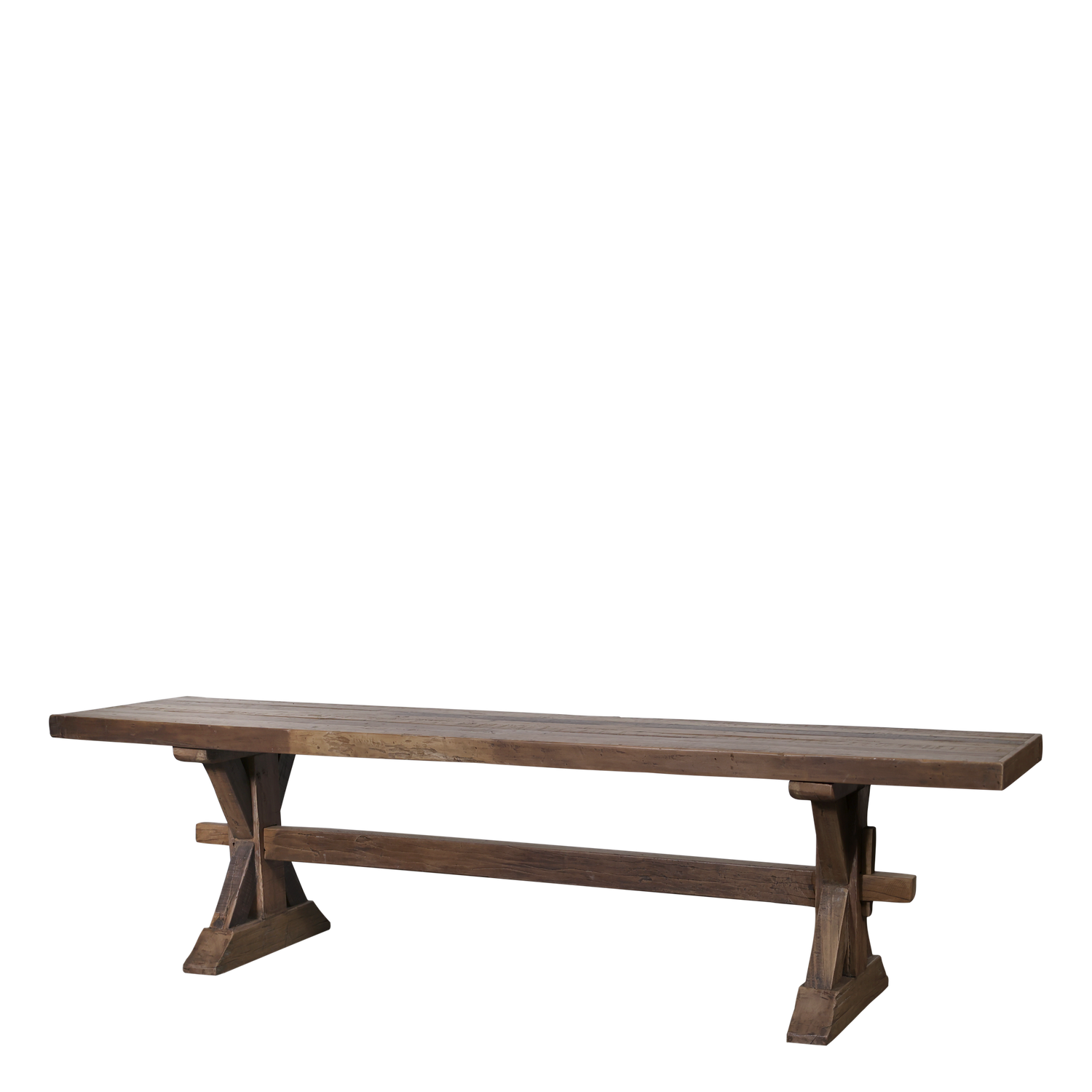 Recycled wood bench with a simple, sturdy design and natural grain detail, perfect for versatile seating in indoor or outdoor