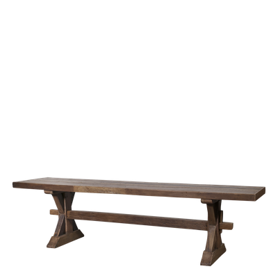 Recycled wood bench with a simple, sturdy design and natural grain detail, perfect for versatile seating in indoor or outdoor