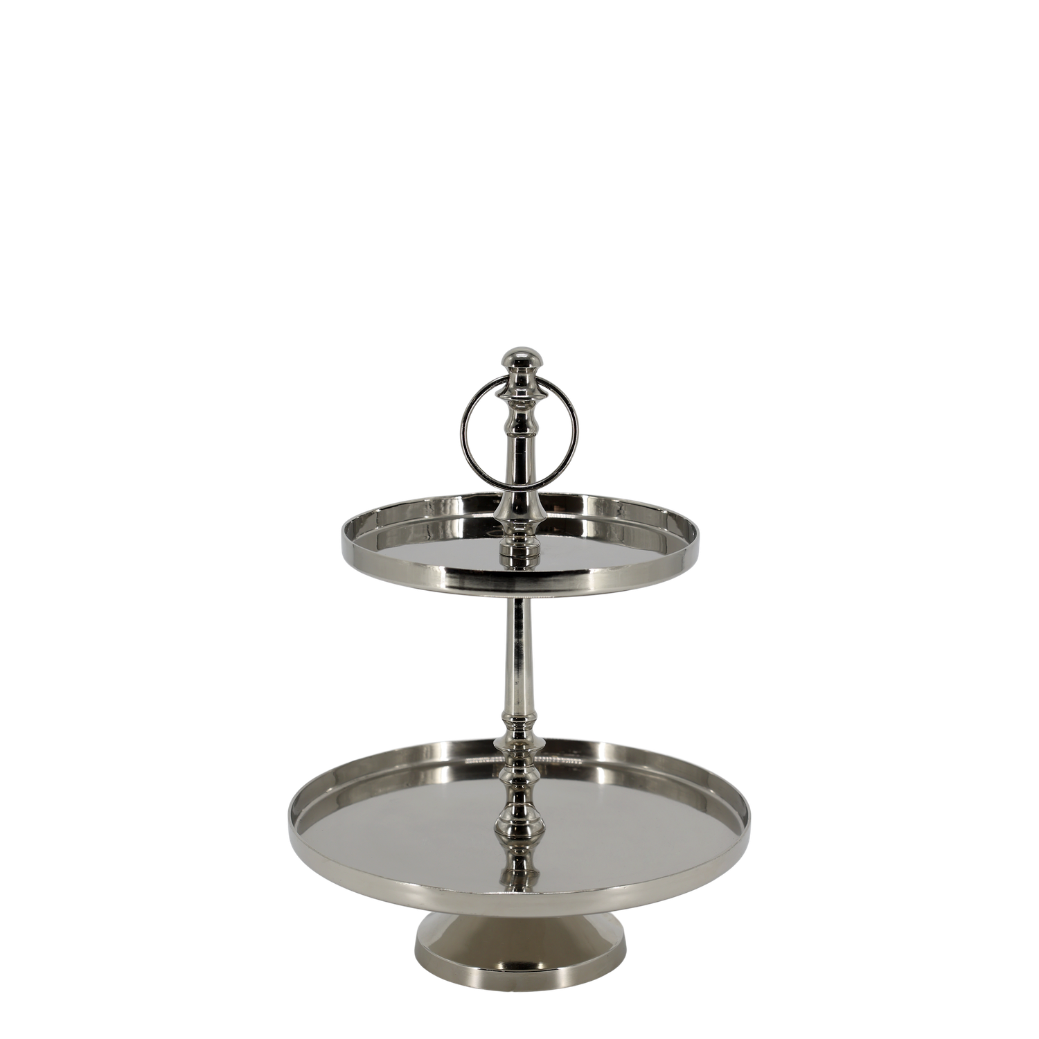 Two-tier silver serving stand with round mirrored trays, central metal column, and decorative ring handle on top.