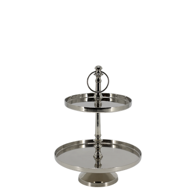 Two-tier silver serving stand with round mirrored trays, central metal column, and decorative ring handle on top.
