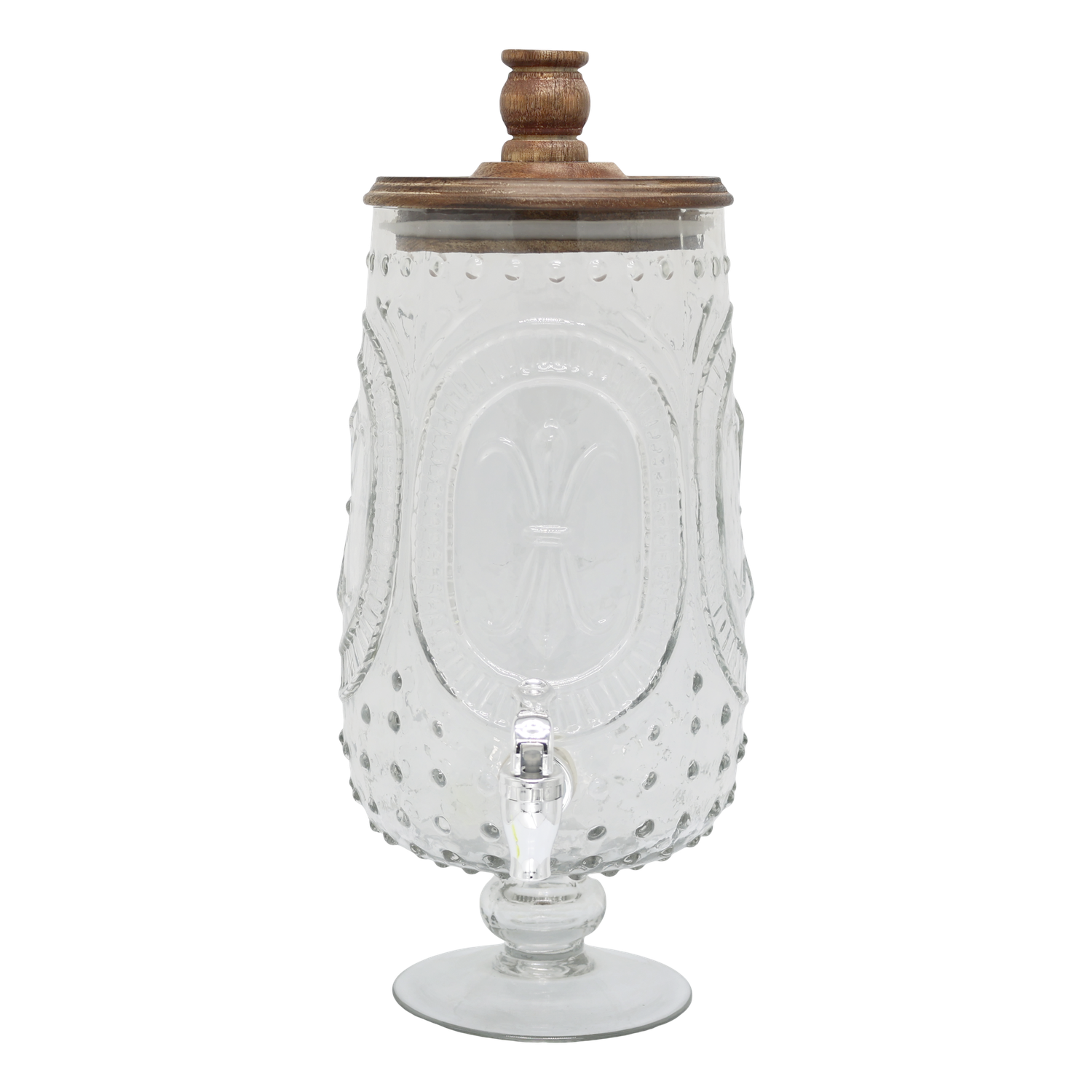Clear glass drink dispenser with decorative embossed detailing, a wooden lid with turned knob, metal spigot, & pedestal base