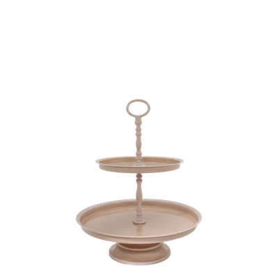 Two-tier rose-coloured metal étagère with round trays, a turned central stem, and a decorative ring handle on top.