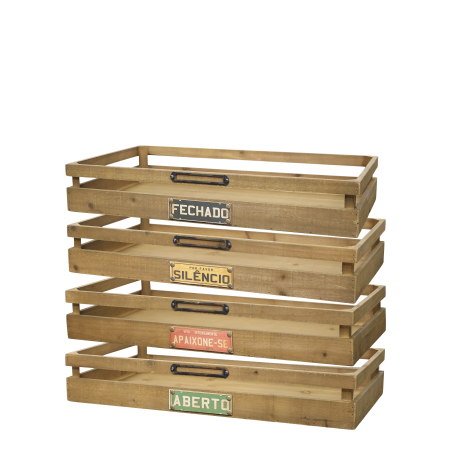 Stacked wooden storage crates with open slatted sides, metal handles, and decorative label plaques reading “Fechado,” “Silenc