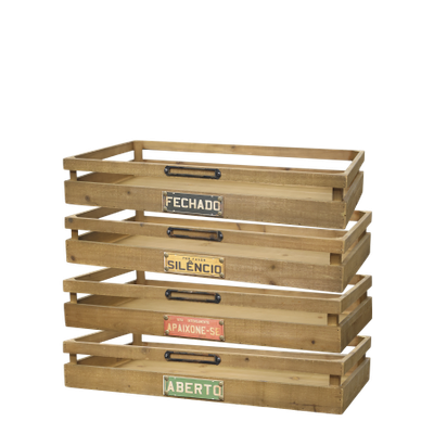 Stacked wooden storage crates with open slatted sides, metal handles, and decorative label plaques reading “Fechado,” “Silenc