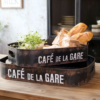 Set of decorative café-style trays featuring vintage French typography, ideal for serving drinks or styling tabletops.
