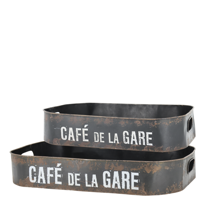 Set of decorative café-style trays featuring vintage French typography, ideal for serving drinks or styling tabletops.