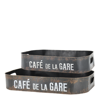 Set of decorative café-style trays featuring vintage French typography, ideal for serving drinks or styling tabletops.