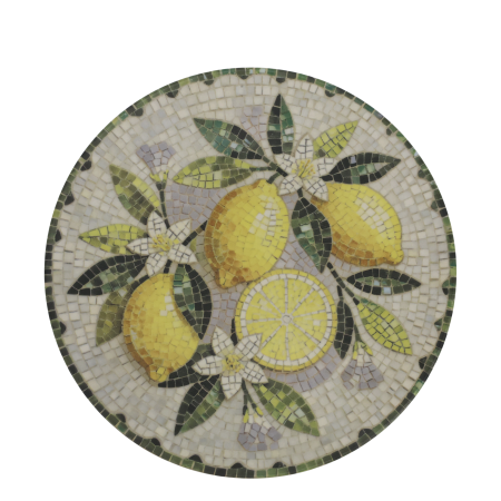 Two round mosaic tabletops decorated with yellow lemons, green leaves & white blossoms in a Mediterranean-style tile design