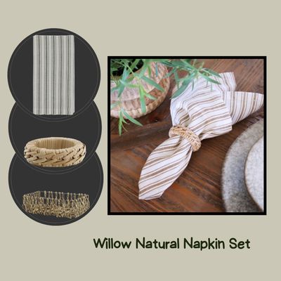 Willow Natural napkin set with striped fabric napkins and woven Natural napkin rings and rattan decorative holder.
