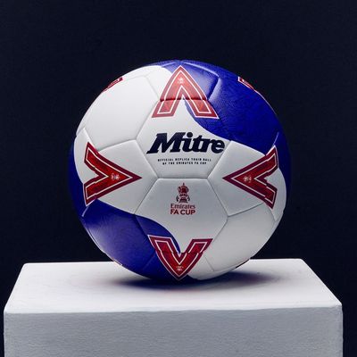 Mitre Football.  Blue and white with red  details.  set on plinth