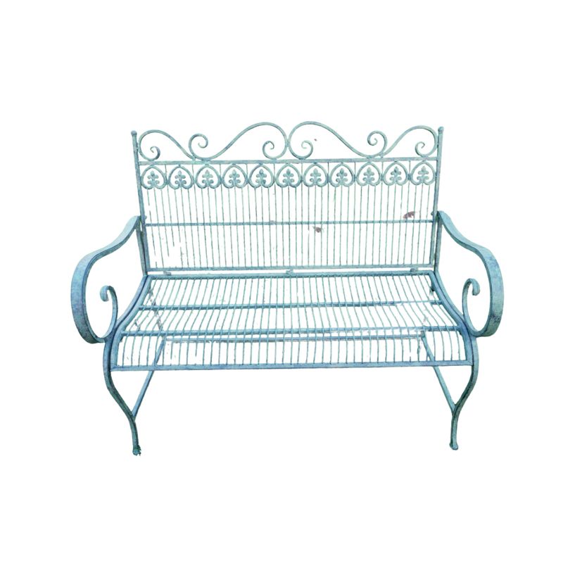 Wrought metal garden bench with decorative scrollwork and curved arms, finished in a soft vert patina.
