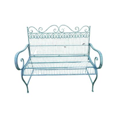 Mimosa Vert Metal Garden Bench Wrought metal garden bench with decorative scrollwork and curved arms, finished in a soft vert patina.