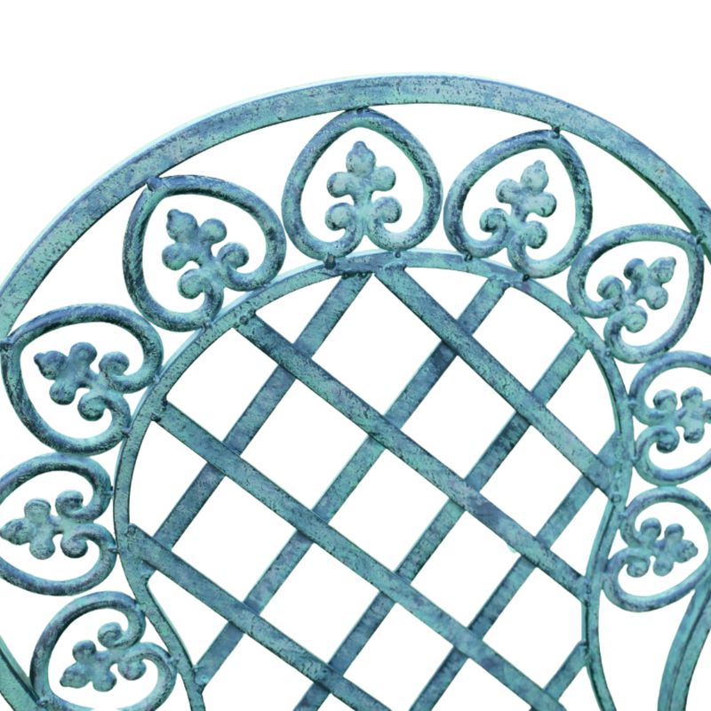 Metal bistro table with two matching folding chairs, featuring decorative scrollwork and a vert finish