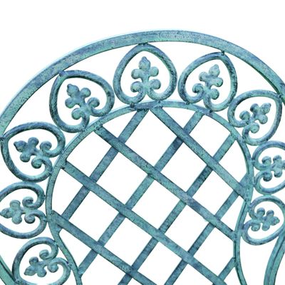 Metal bistro table with two matching folding chairs, featuring decorative scrollwork and a vert finish