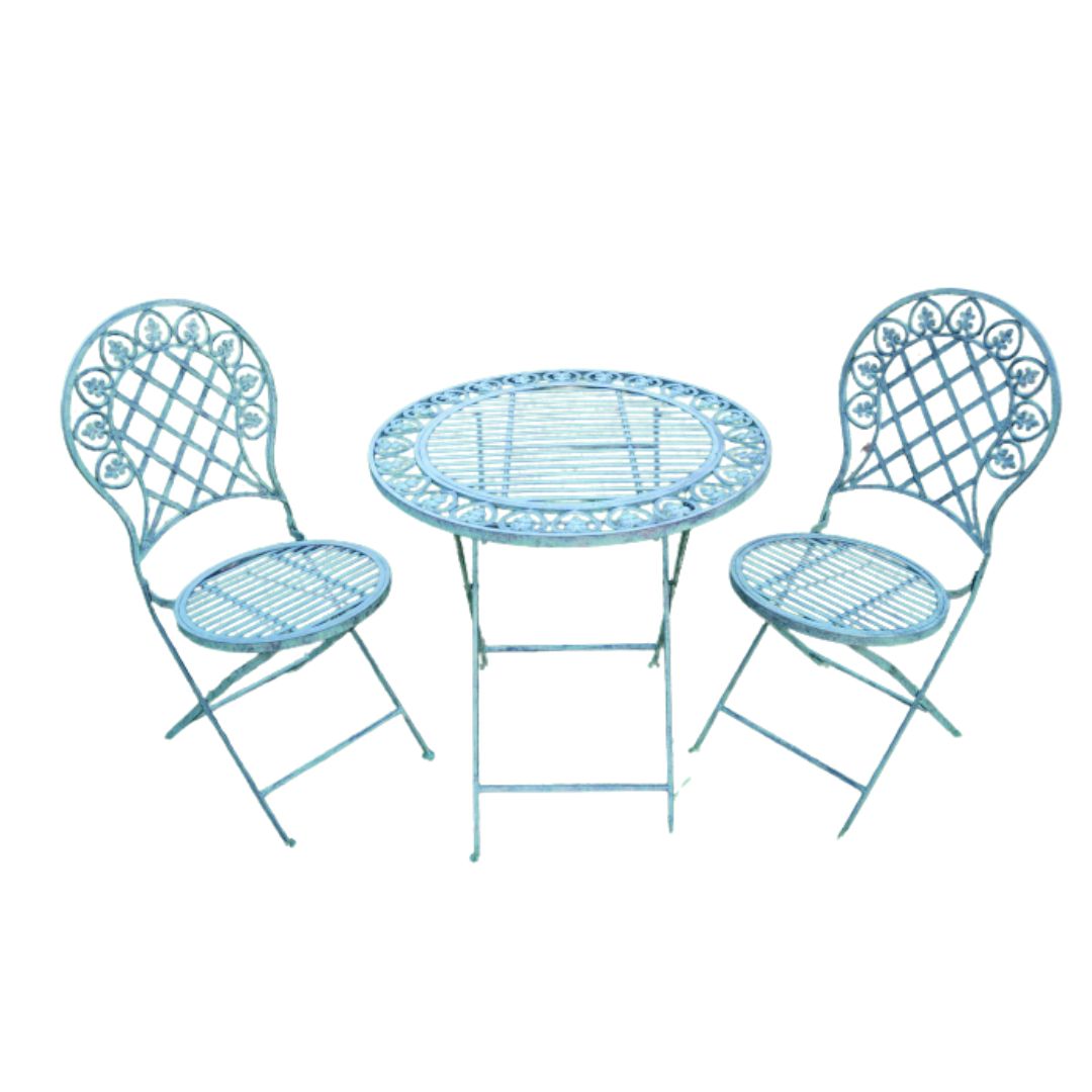 Mimosa Vert Garden Bistro Set Metal bistro table with two matching folding chairs, featuring decorative scrollwork and a vert finish
