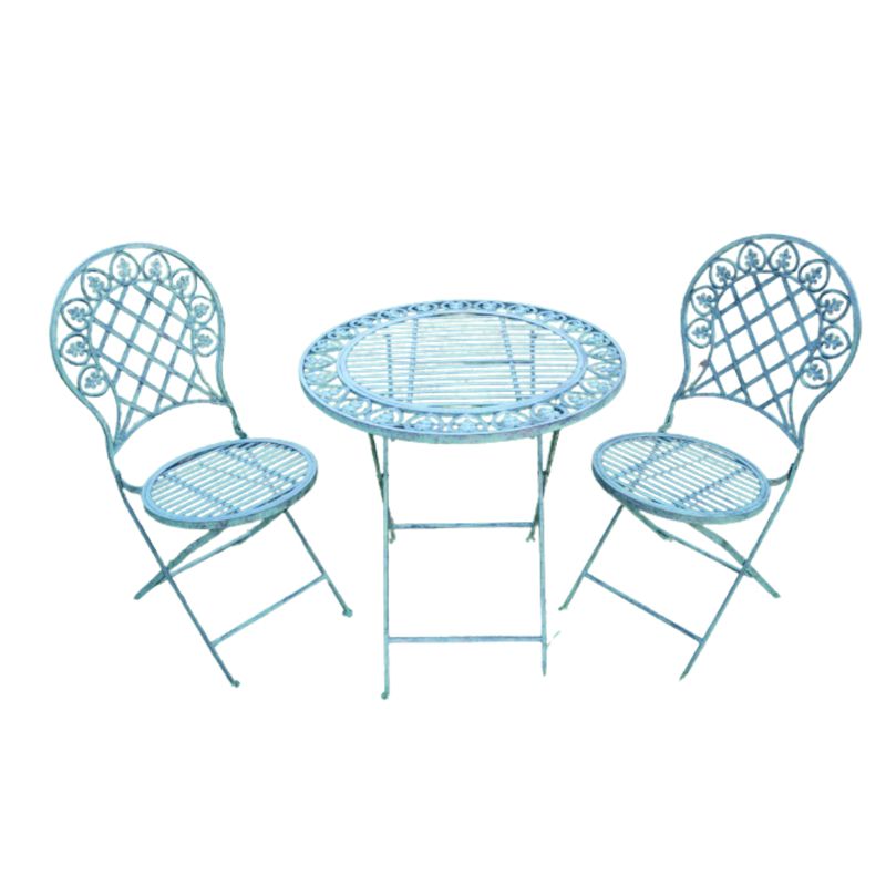 Metal bistro table with two matching folding chairs, featuring decorative scrollwork and a vert finish