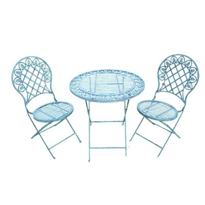 Metal bistro table with two matching folding chairs, featuring decorative scrollwork and a vert finish