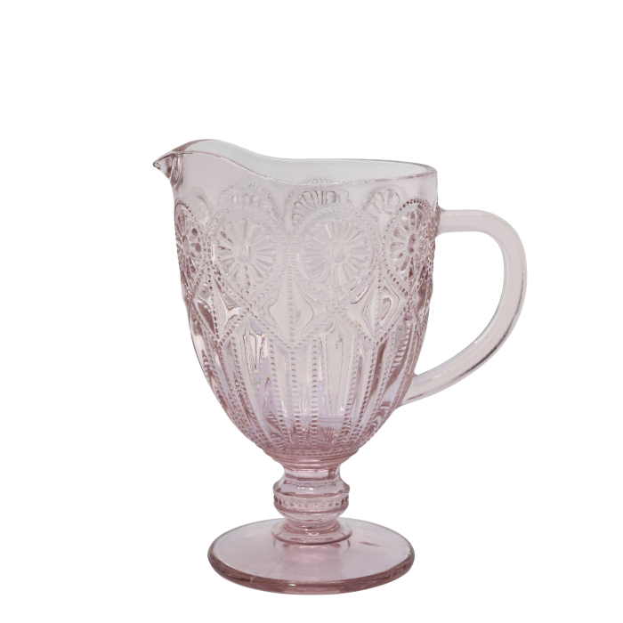 Spangles Fleur embossed glass jug in dusty pink, filled with a pale drink.
