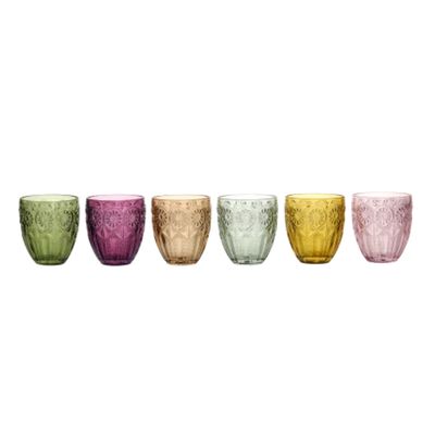 Six embossed  Fleur Design glass tumblers in green, pink, amber, clear, yellow, and blush