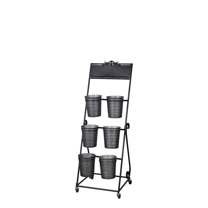 Tall black metal florist stand with a tiered frame holding six ribbed metal buckets