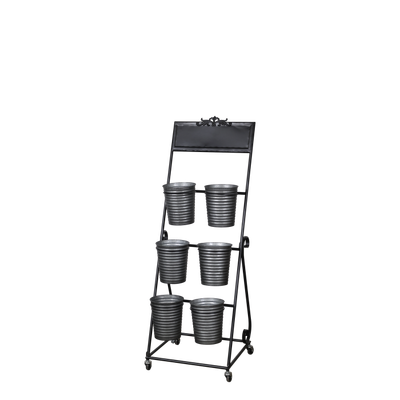 Tall black metal florist stand with a tiered frame holding six ribbed metal buckets