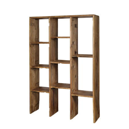 Tall wooden open shelving unit with multiple staggered compartments, shown against a black background.