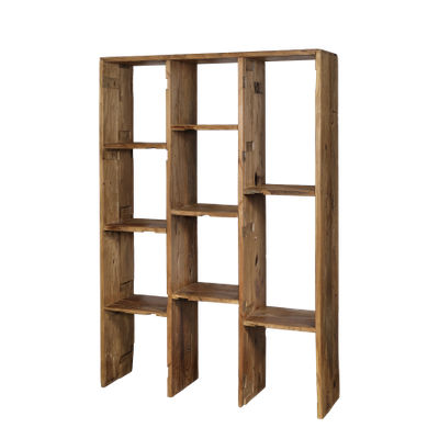 Tall wooden open shelving unit with multiple staggered compartments, shown against a black background.