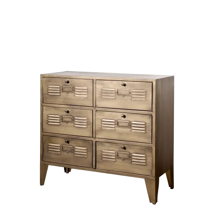 Factory Chest of Drawers Brass-tone metal chest of drawers with six locker-style drawers and vented fronts, shown against a black background.