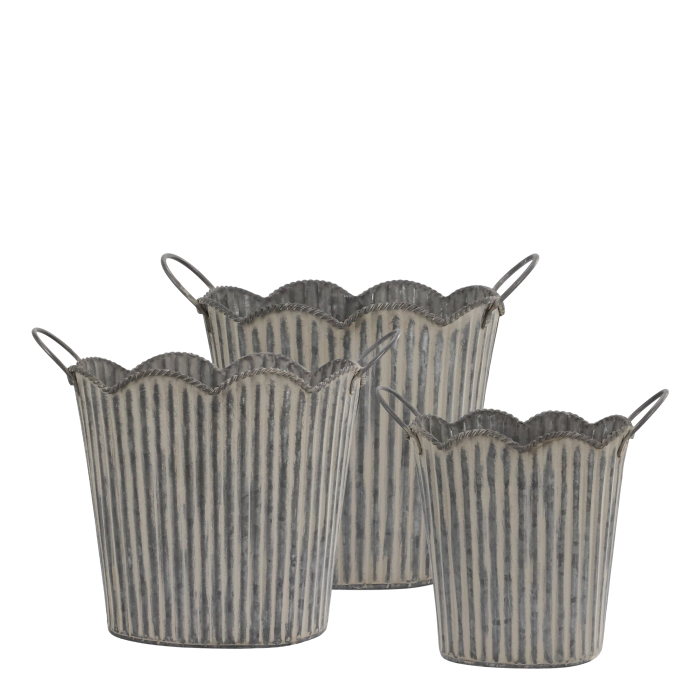 Set of three ribbed metal planters with scalloped rims and side handles, shown against a black background.