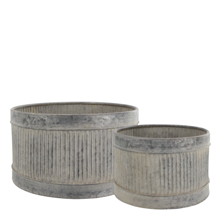 Set of two ribbed metal planters with a weathered grey finish, shown against a black background.