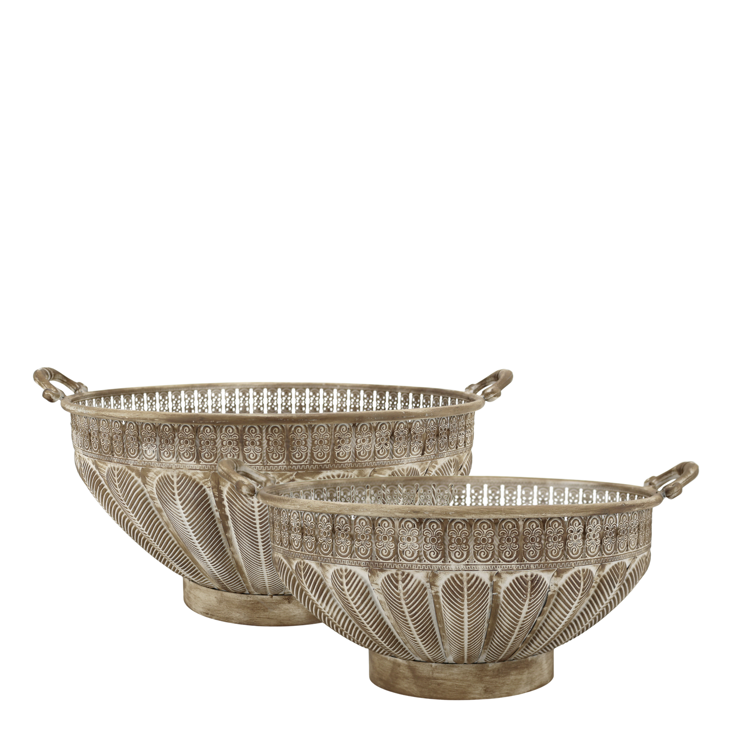Set of two decorative metal bowls with engraved patterns, pedestal bases, and side handles