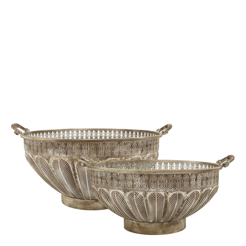 Set of two decorative metal bowls with engraved patterns, pedestal bases, and side handles