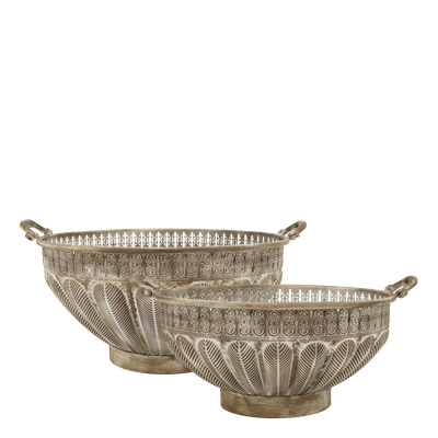 Set of two decorative metal bowls with engraved patterns, pedestal bases, and side handles
