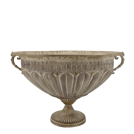 Decorative metal bowl with engraved patterns, side handles, and a pedestal base