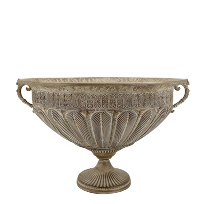 Decorative metal bowl with engraved patterns, side handles, and a pedestal base