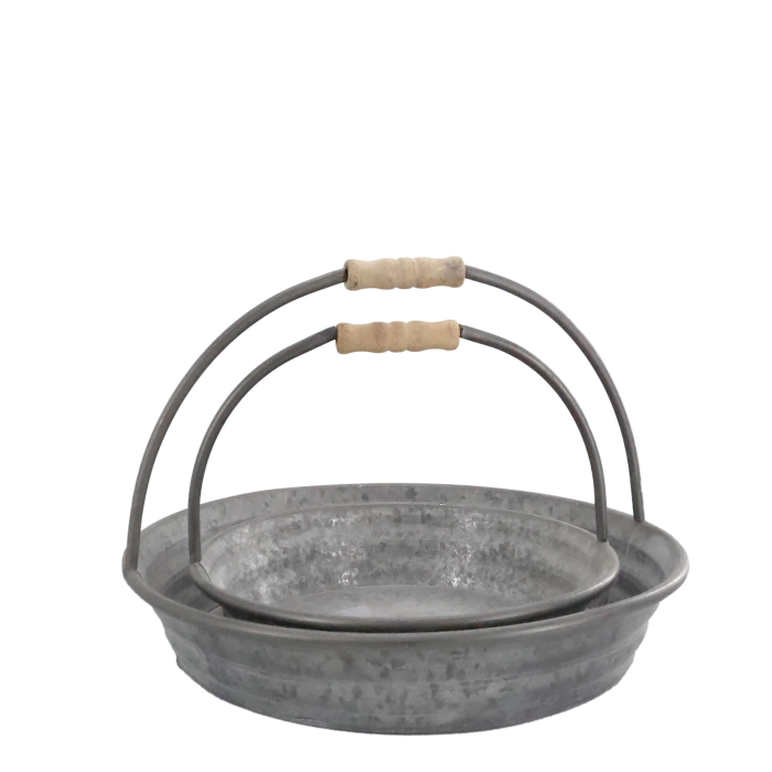 Shallow galvanised metal tray with two curved wire handles wrapped in wood
