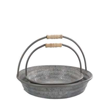 Shallow galvanised metal tray with two curved wire handles wrapped in wood