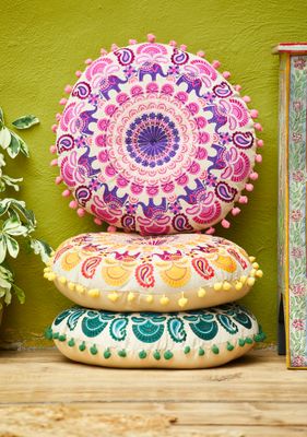 Round Embroidered Fair Trade Mandala Cushion Round embroidered mandala cushions with elephant and floral patterns, finished with small pom pom edging